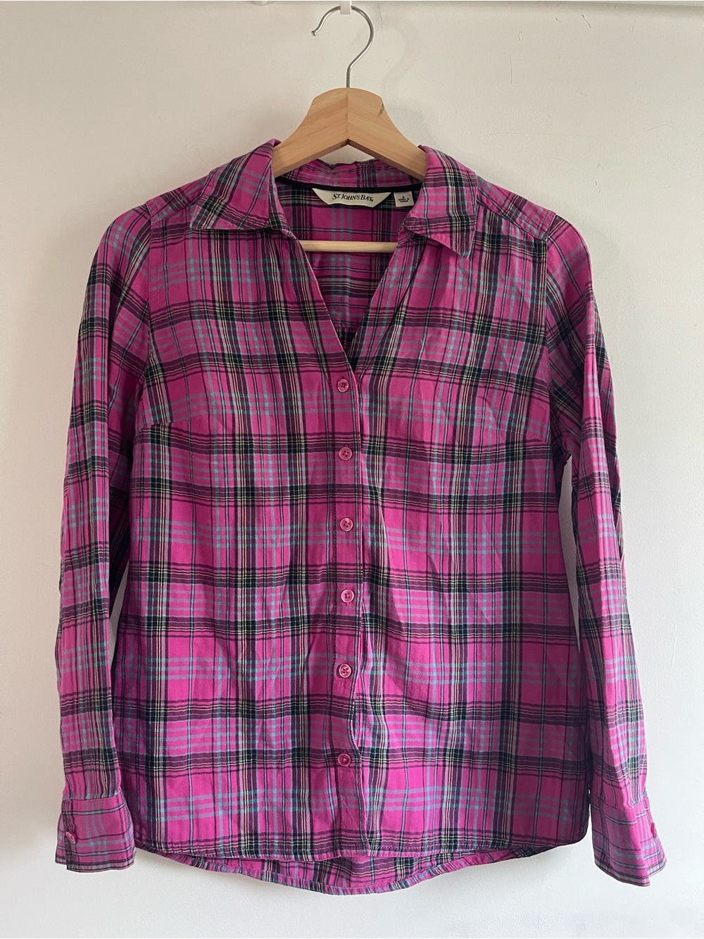 St. John’s Bay Pink Plaid Button-Up Shirt Women’s Size S Country Classic Fall
